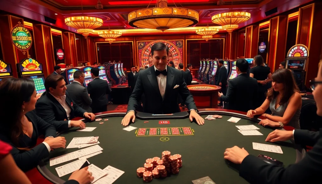 Scène de jeu passionnante dans un casino en ligne France avec une table de poker et des machines à sous vibrantes.