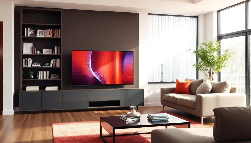 Telewizor w nowoczesnym, przytulnym salonie z mocnym podświetleniem.