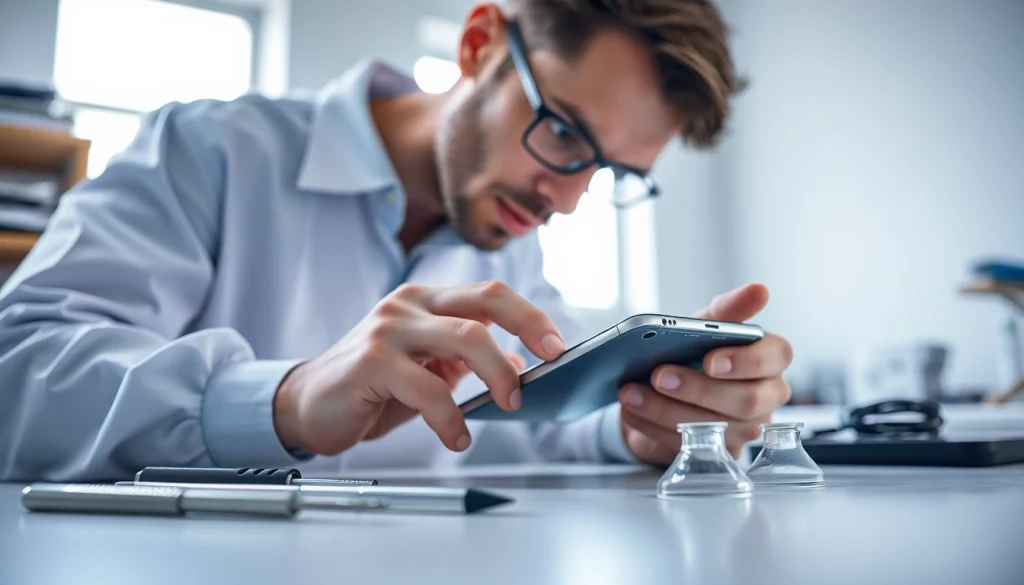 Technician performing a screen repair on a smartphone in a bright workshop environment.