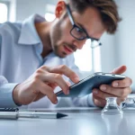 Technician performing a screen repair on a smartphone in a bright workshop environment.