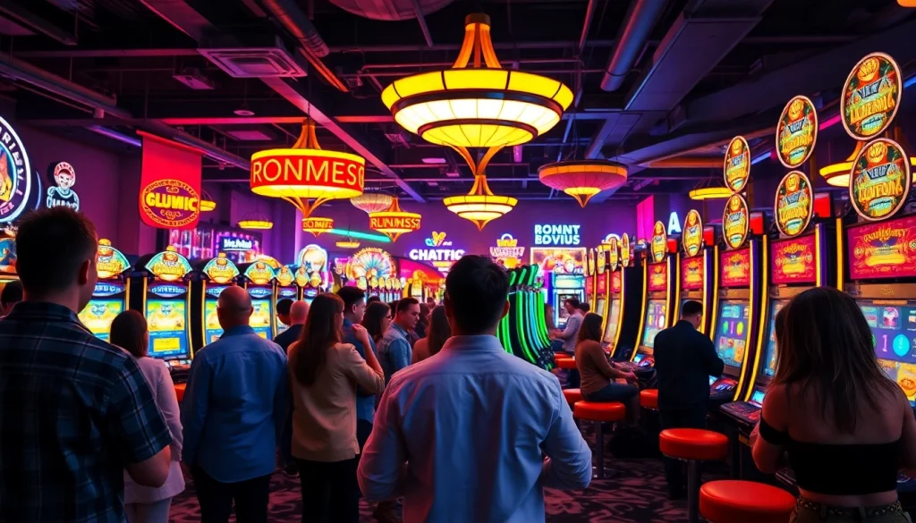 Menampilkan dewalive alternatif dengan pemain kasino menikmati suasana permainan slot yang ceria.