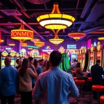 Menampilkan dewalive alternatif dengan pemain kasino menikmati suasana permainan slot yang ceria.