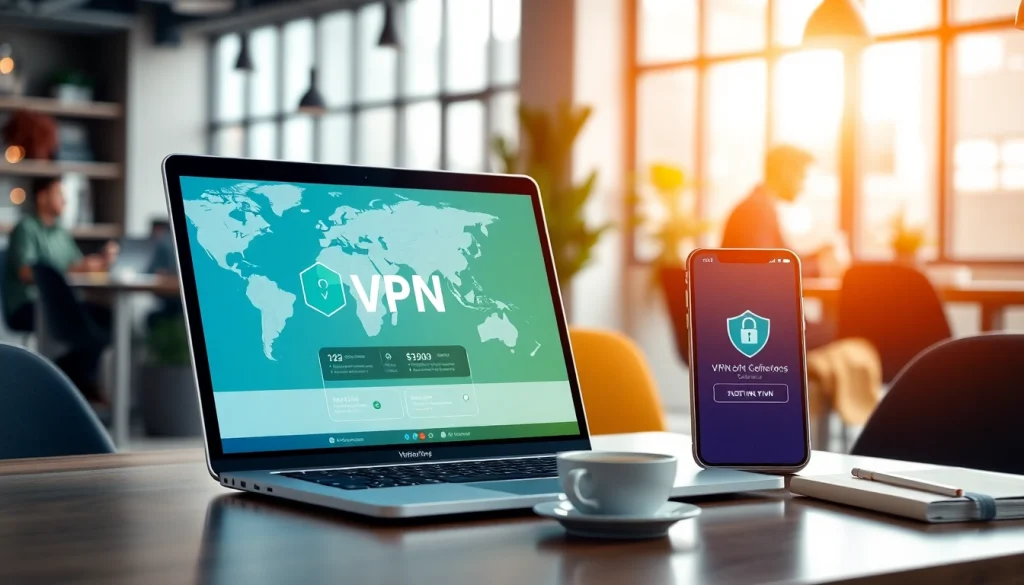在明亮的协作空间中，现代设备上的快连 VPN 界面，强调连接性与创新。