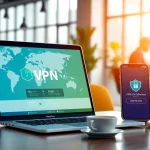 在明亮的协作空间中，现代设备上的快连 VPN 界面，强调连接性与创新。