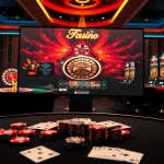 Vivez l'excitation du casino en ligne France avec des éléments de jeu vibrants comme des jetons de poker et des roulettes.
