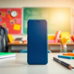 Handytasche Schule auf einem Schreibtisch mit Schulmaterialien.