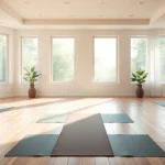 ホットヨガ おすすめ 静かなスタジオ、自然光と練習のために用意されたマット