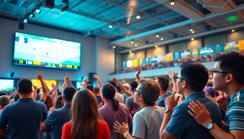 Exciting sports betting scene at a 토토스토리 event with diverse fans enjoying live matches.