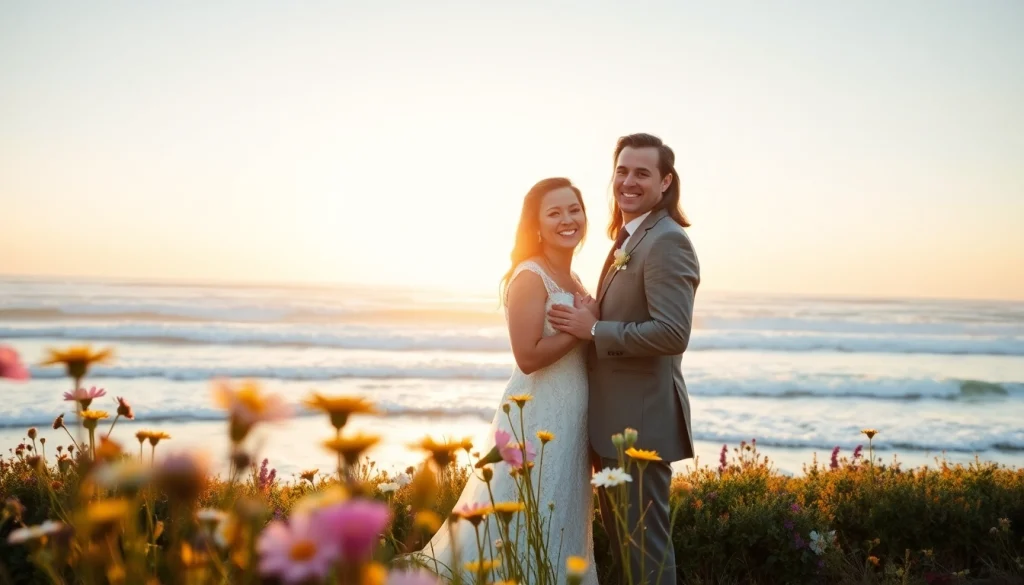 Capture a moment of Carmel wedding photography as a couple exchanges vows against a stunning sunset backdrop.