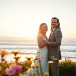 Capture a moment of Carmel wedding photography as a couple exchanges vows against a stunning sunset backdrop.