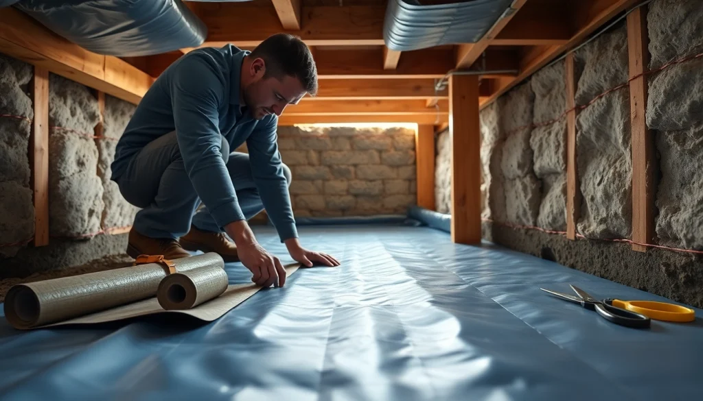 Vapor barrier installation process with a technician ensuring sealing in a crawl space.