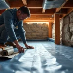 Vapor barrier installation process with a technician ensuring sealing in a crawl space.