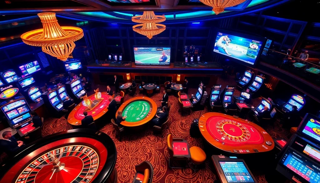 Un moment palpitant dans un casino en ligne de luxe en France, mettant en vedette des joueurs aux tables de poker et une roue de roulette éblouissante.
