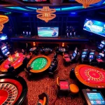 Un moment palpitant dans un casino en ligne de luxe en France, mettant en vedette des joueurs aux tables de poker et une roue de roulette éblouissante.