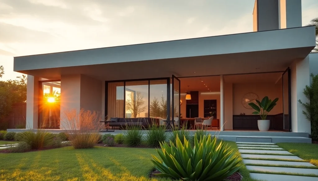 A stunning design representing Custom residential architecture services, featuring a stylish home against a sunset backdrop.