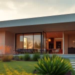 A stunning design representing Custom residential architecture services, featuring a stylish home against a sunset backdrop.