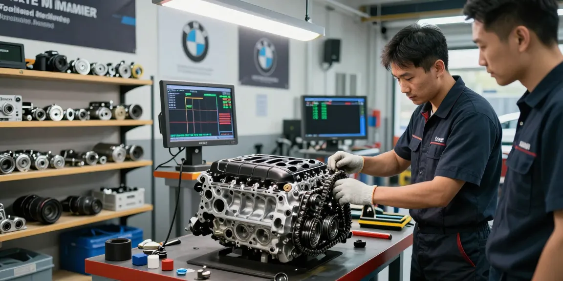 Professioneller Mechaniker in der BMW Werkstatt Hannover inspiziert den Motor eines BMW und bietet exzellenten Kundenservice mit hochwertigen Werkzeugen und technischen Geräten.