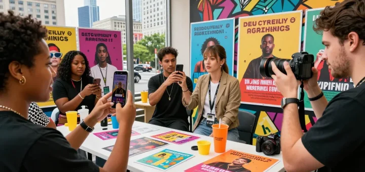Influencer marketing agency Malaysia team collaborating with diverse creators in an urban setting for engaging campaigns.
