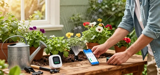 Homeowner using a rainpoint sprinkler timer in a lush garden, showcasing vibrant plants and efficient irrigation management.