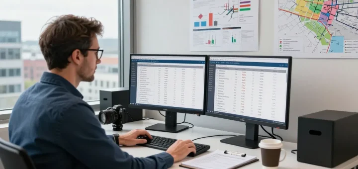 Professioneller LKW Spedition Dortmund Logistikmanager analysiert Transportdaten.