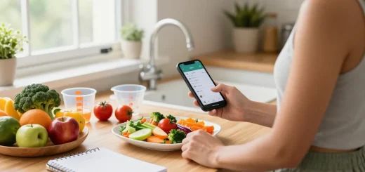 Healthy food preparation with the best calorie tracking apps visible on a smartphone, showcasing vibrant ingredients.