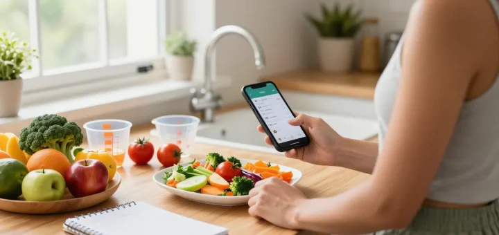 Healthy food preparation with the best calorie tracking apps visible on a smartphone, showcasing vibrant ingredients.