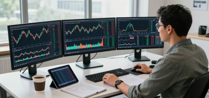 Trader using mt5 software with multiple charts and trading tools in a contemporary workspace