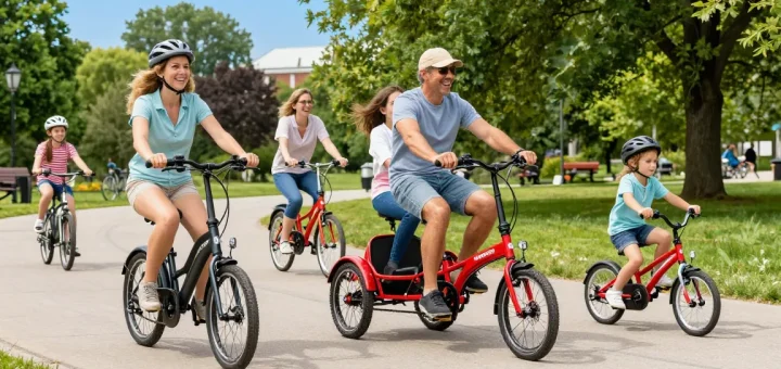 Adults riding best electric tricycles in a sunny park, showcasing diverse models including electric and kids trikes.
