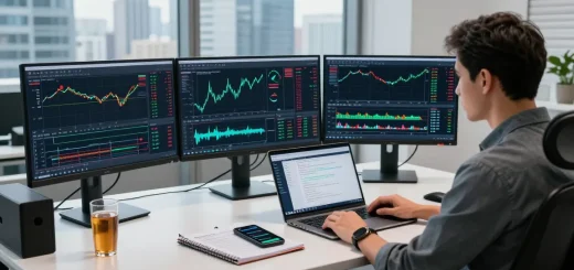 Trader using MetaTrader 4 with multiple screens showing forex charts and automated trading systems.
